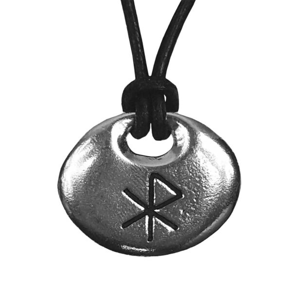 A silver pendant with a Love Bind Rune Pewter Pendant viking symbol on it.