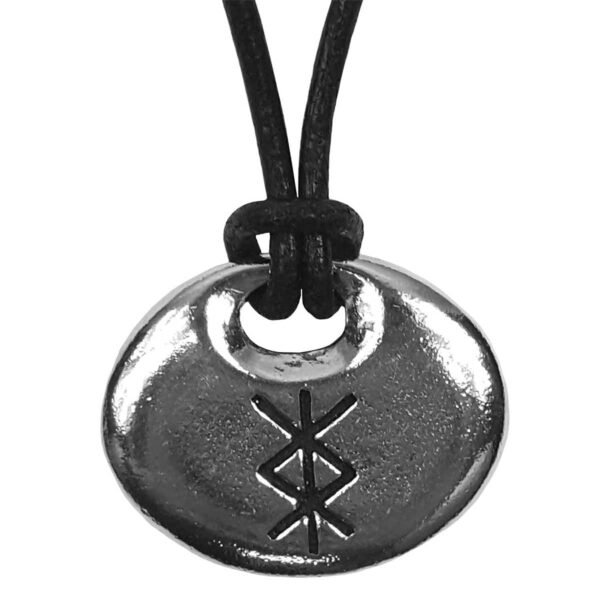 A Protection Bind Rune Pewter Pendant with a viking protection symbol on it.