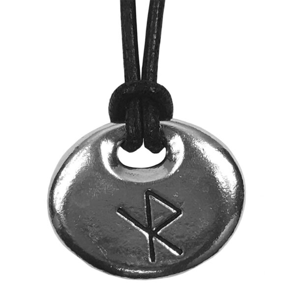 A necklace with a Safe Travel Bind Rune Pewter Pendant on it.