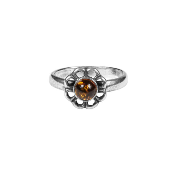 An Amber Flower sterling silver ring with an orange stone.