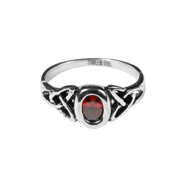 A stainless steel red Triquetra ring, showcasing a vibrant red hue.