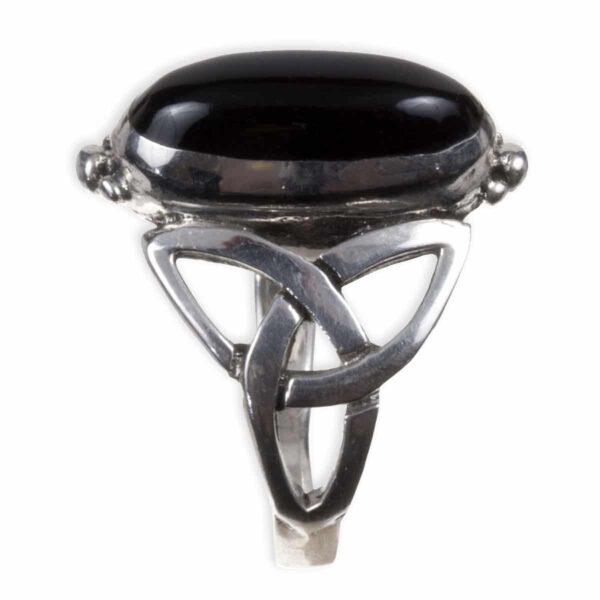 A silver ring with a Black Onyx Trinity Celtic Knot Ring stone featuring a Celtic knot.