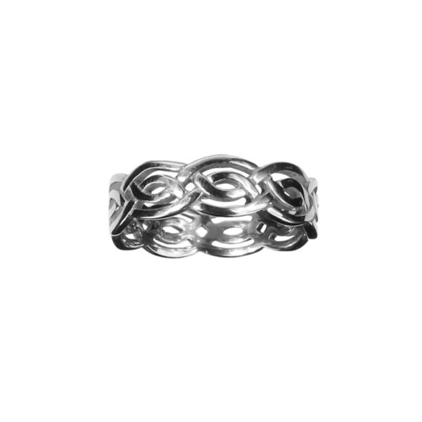 A Stainless Steel Eternity Knot Ring with an intricate design in sterling silver.