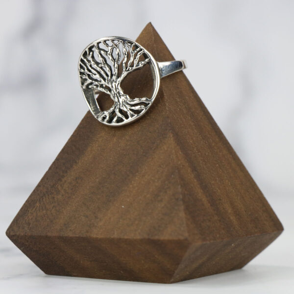 A silver tree of life ring with a Two Tone Eternity Knot Band, displayed on a wooden base.