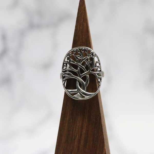 A Tree of Life Stainless Steel Ring on a wooden base.