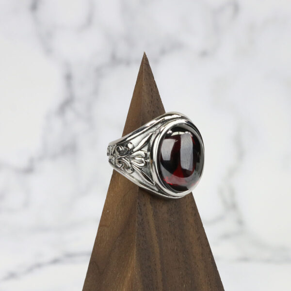 A Dragon's Eye Ring featuring a red garnet stone.
