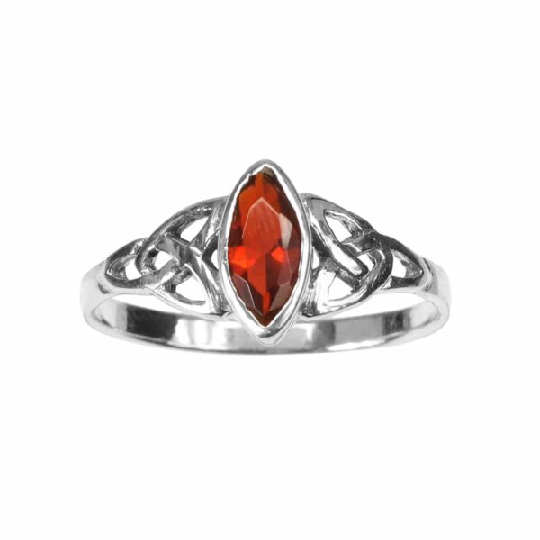 A Garnet Red Trinity Knot Ring adorns this sterling silver trinity knot ring.