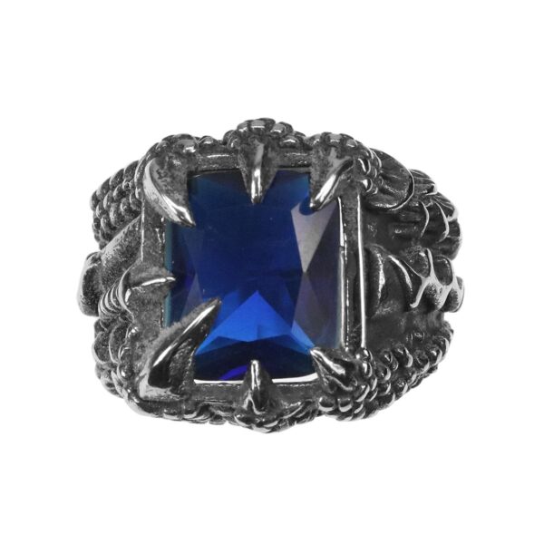 A Dragon Claw Stainless Steel Ring adorned with a blue sapphire.