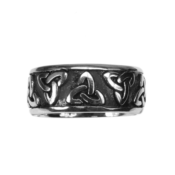 A silver Two Tone Triquetra ring with celtic knots and a triquetra design.