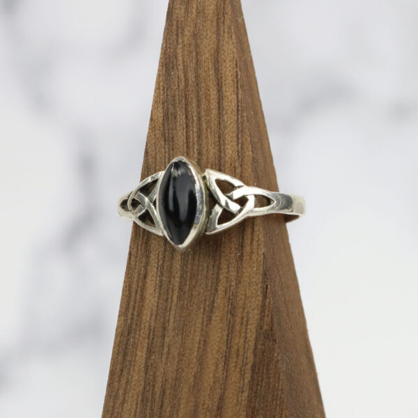A sterling silver ring with a black onyx stone, featuring a Two Tone Eternity Knot Band.