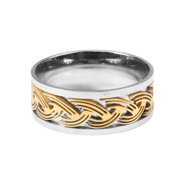 A Two Tone Eternity Knot Ring made of stainless steel.