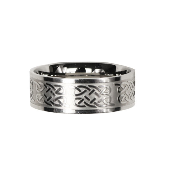 A Celtic Knot Stainless Steel Ring with an intricate knot design.