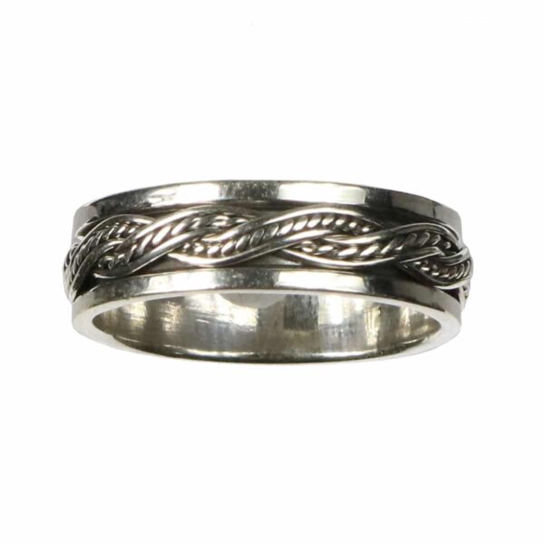 A sterling silver ring with braided design.