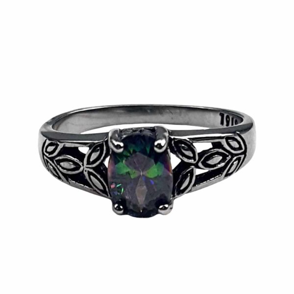 A Mystic Crystal Stainless Steel Ring adorned with a black opal stone and delicate leaves.