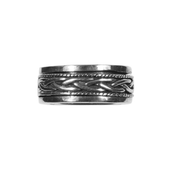 A Sterling Silver Spinning Braid Ring with an intricate design.