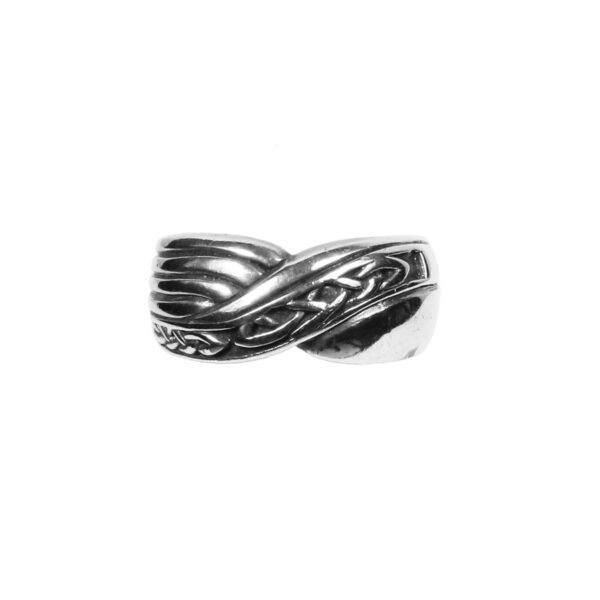 A Celtic Warrior Sterling Silver ring with an intricate knot design.