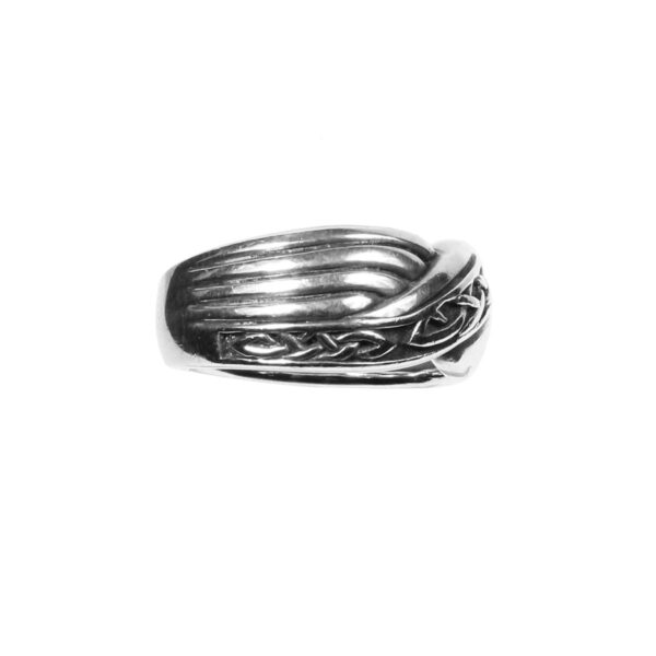 A Celtic Warrior sterling silver ring with an intricate knot design.