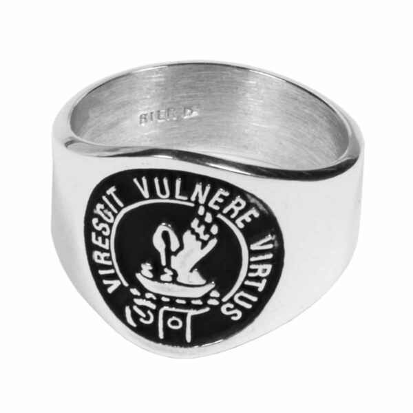 A sterling silver clan crest ring with an image of a vulture, perfect as a clan crest or family heirloom.