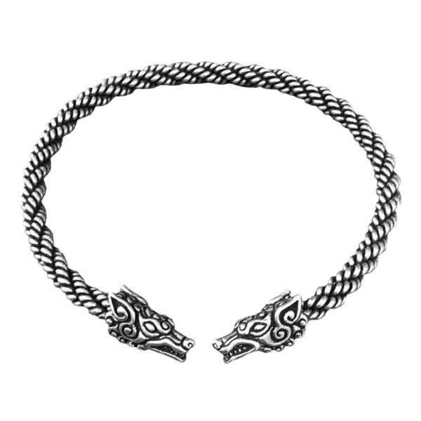 A Celtic-inspired Celtic Wolf Neck Torc with two intricately designed Viking heads on it.
