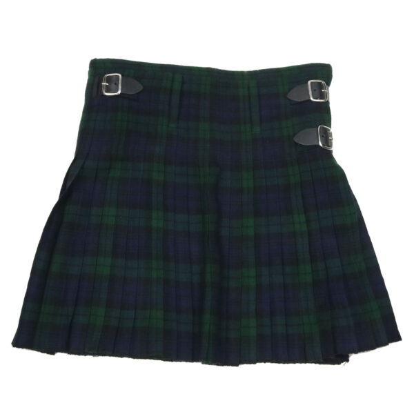 A green and black kilt with buckles.