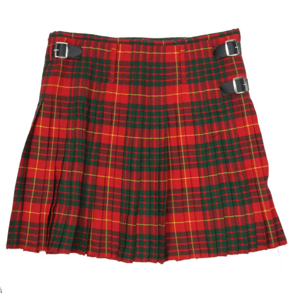 A red and green tartan kilt with buckles.
