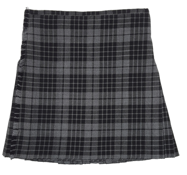 The AcryliKilt featuring a black and grey plaid design, set against a crisp white background.