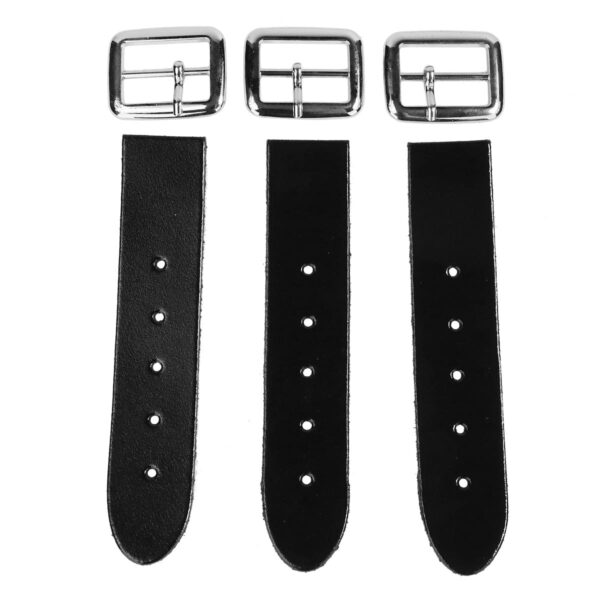 Three black and silver Leather Kilt Straps and Buckles (Set of 3) on a white background, perfect for kilt straps.
