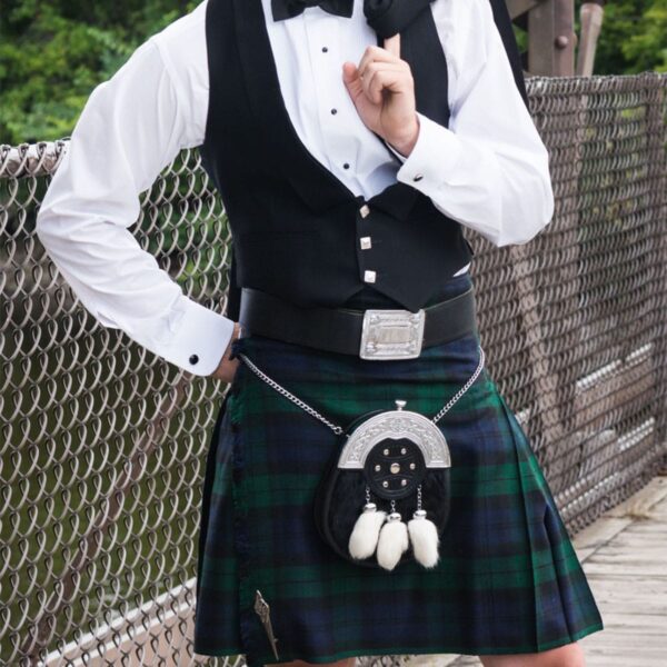 A man in a Black Watch Tartan kilt (Off the Rack Special) poses for a picture.