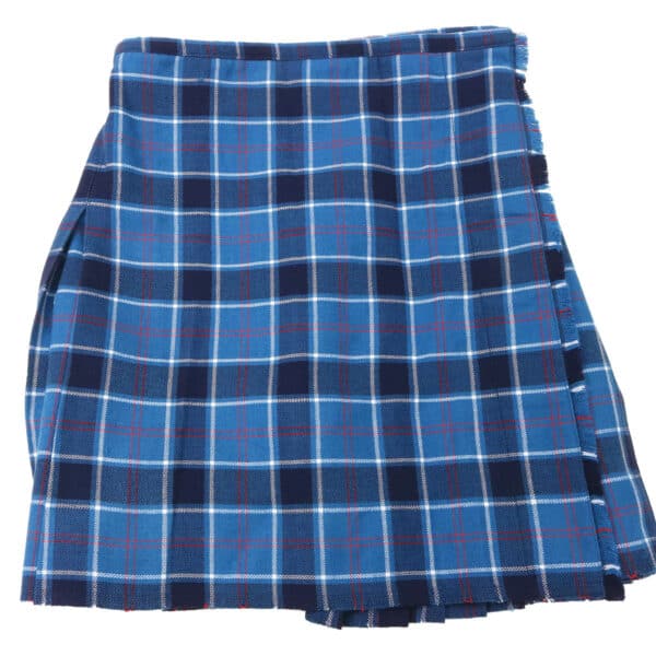 A blue and red plaid kilt on a white background.