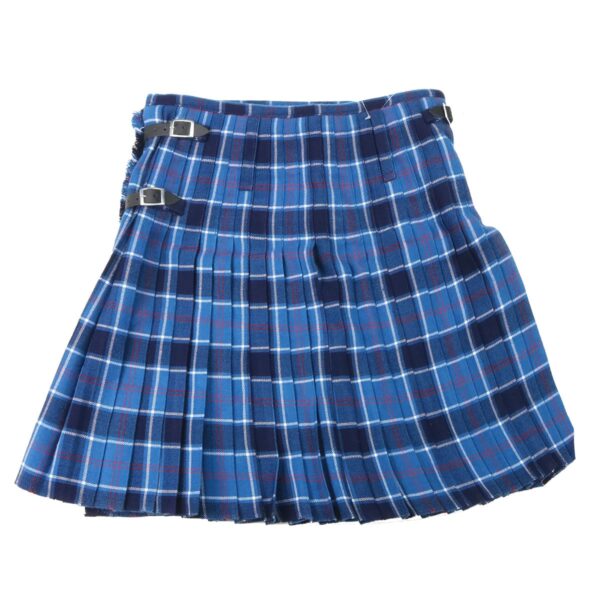 A blue and red plaid kilt with buckles.