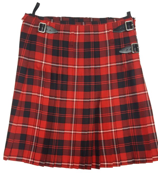 A Cunningham Modern Light Weight Premium Wool Casual Kilt - 40W 26L in red and black tartan with buckles.