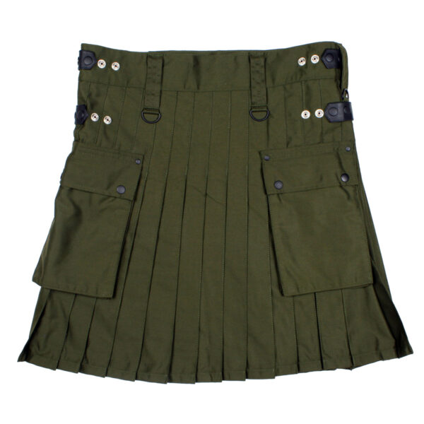 A Canvas Utility Kilt - Free Kilt Hanger with pockets, available in green color.