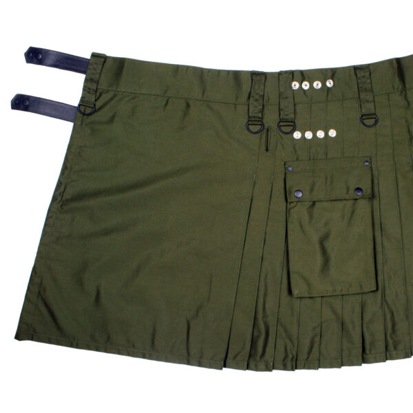 A green Canvas Utility Kilt - Free Kilt Hanger with buttons on it.