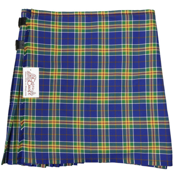 A Carleton College Rugby Tartan Casual Kilt - Poly Viscose Wool-Free - 42W 23L in blue and yellow plaid.