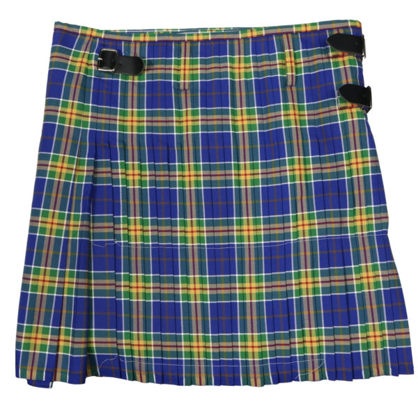 A blue and yellow Carleton College Rugby Tartan Casual Kilt - Poly Viscose Wool-Free - 42W 23L.