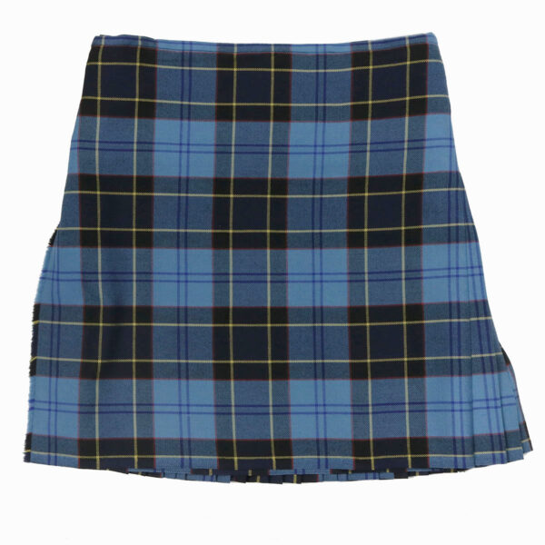 A blue and yellow plaid kilt on a white background.