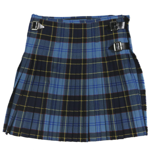 A blue and yellow plaid kilt on a white background.