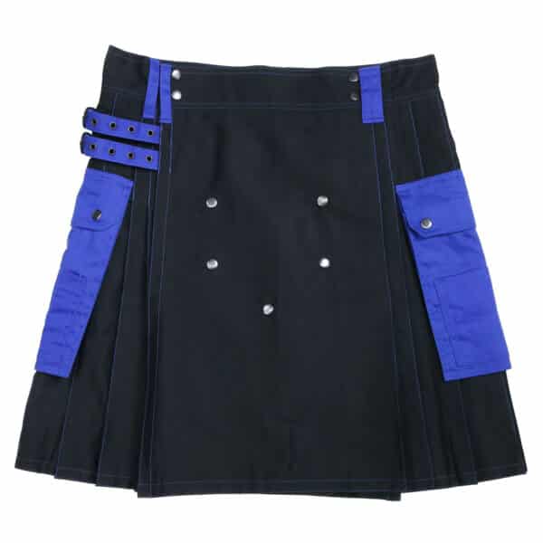 A black and blue Multi-Colored Canvas Utility Kilt + Kilt Hanger with pockets.