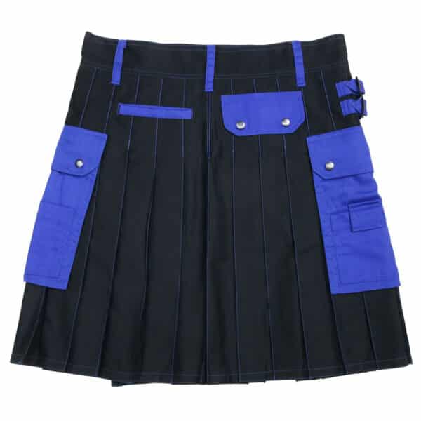 A Multi-Colored Canvas Utility Kilt + Kilt Hanger in black and blue with pockets.