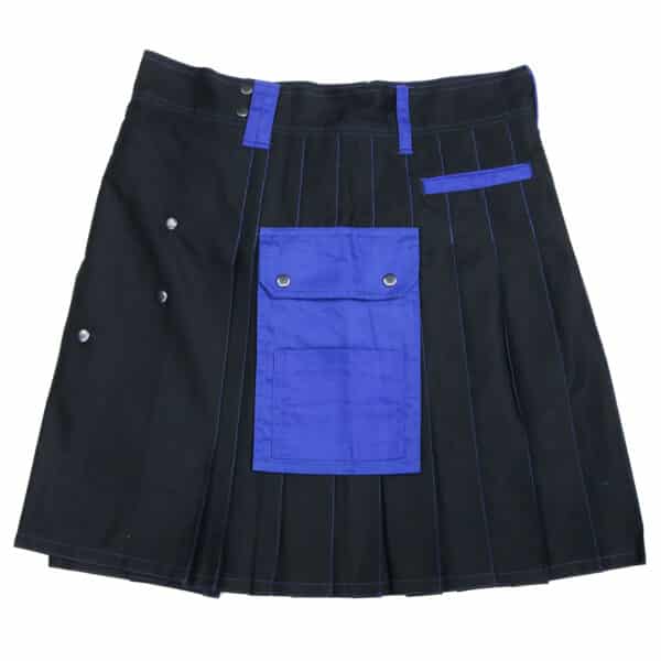 A black and blue Multi-Colored Canvas Utility Kilt + Kilt Hanger with a blue pocket.