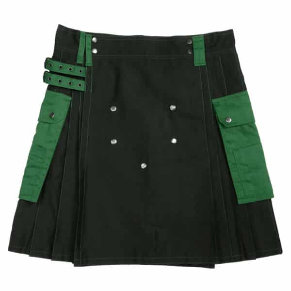 A Multi-Colored Canvas Utility Kilt in black and green with pockets + Kilt Hanger.