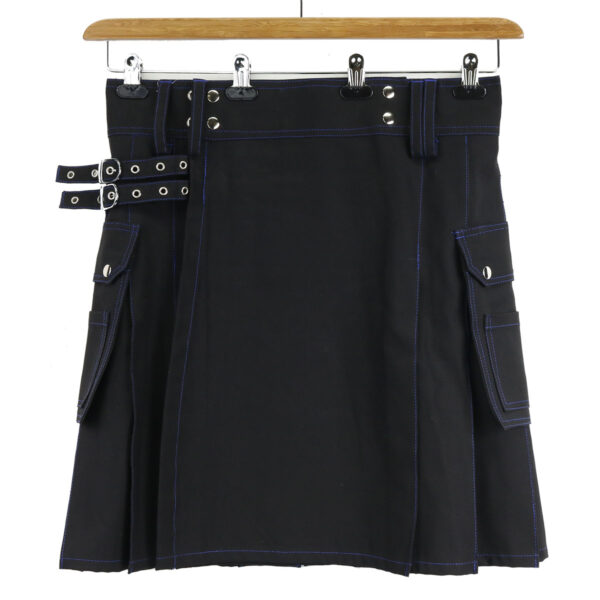 A black kilt with blue zippers and pockets.