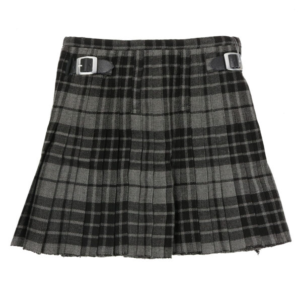 A black and grey Night Watch Homespun Wool Blend Kilt for Kids with buckles, perfect for a night watch.