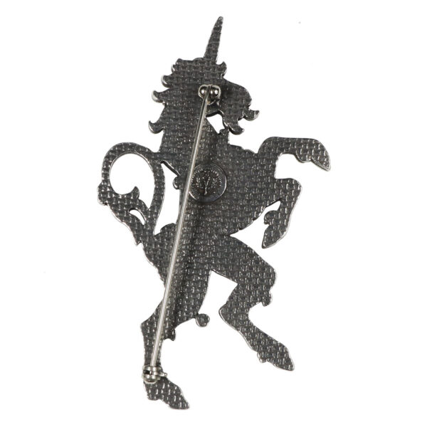 An image of a black and white unicorn brooch designed as a Unicorn Rampant Kilt Pin/Brooch.