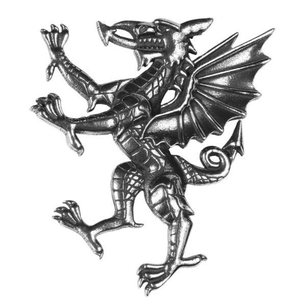 A black and silver Welsh Dragon Rampant Kilt Pin/Brooch with wings.
