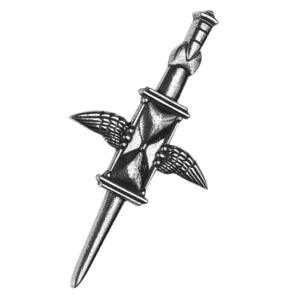 A black and white drawing of the Time Flies Kilt Pin, representing the timeless power and grace.