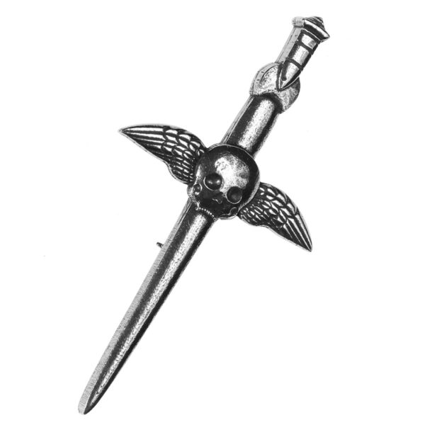 A black and white drawing of a sword with wings, inspired by the Winged Skull Kilt Pin.