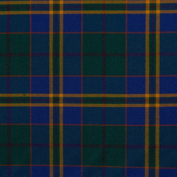 A plaid fabric with blue, green and yellow colors.