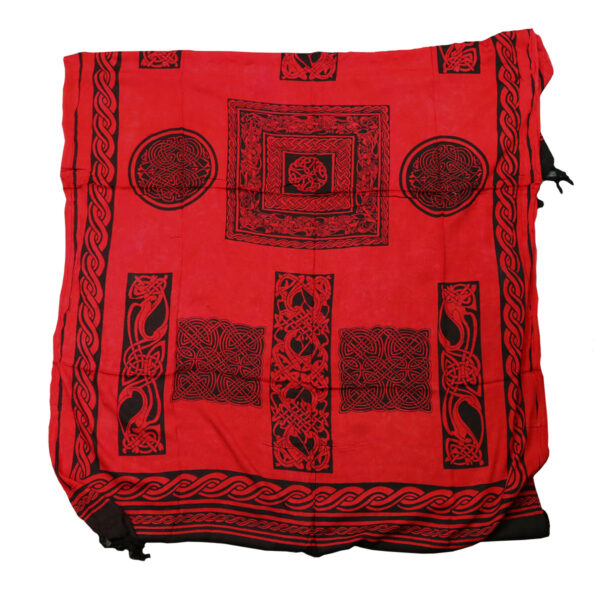 A Celtic Sarong Red Multi with Celtic knot designs.