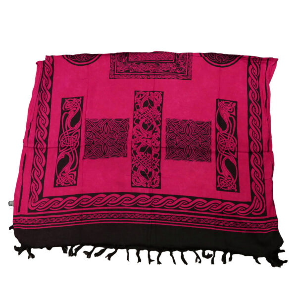 A pink and black Celtic Sarong Red Multi with tassels adorned in a Celtic knot design.